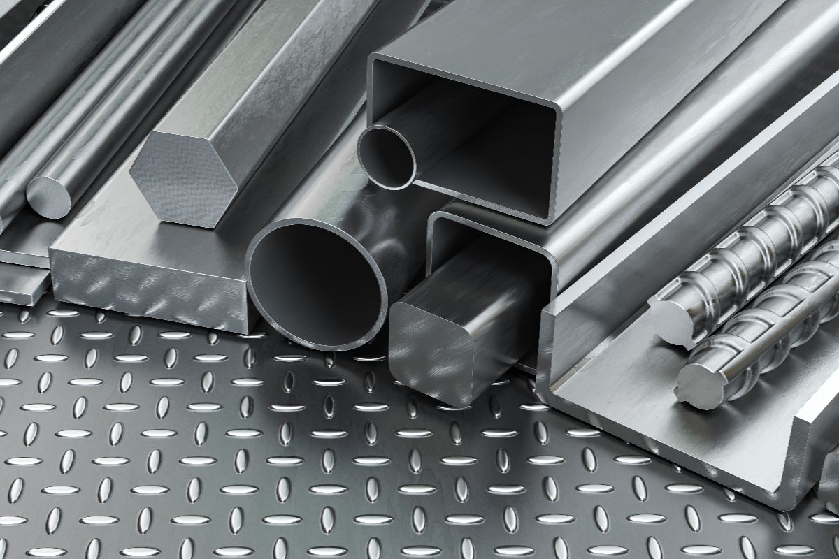 Assorted steel bars, pipes, channels, and metal sections for construction use