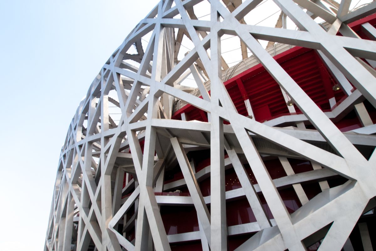 Decorative metal facade with geometric framing on a modern architectural structure